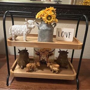 Rustic Two-Tiered Wooden Shelf with Highland Cow Decor